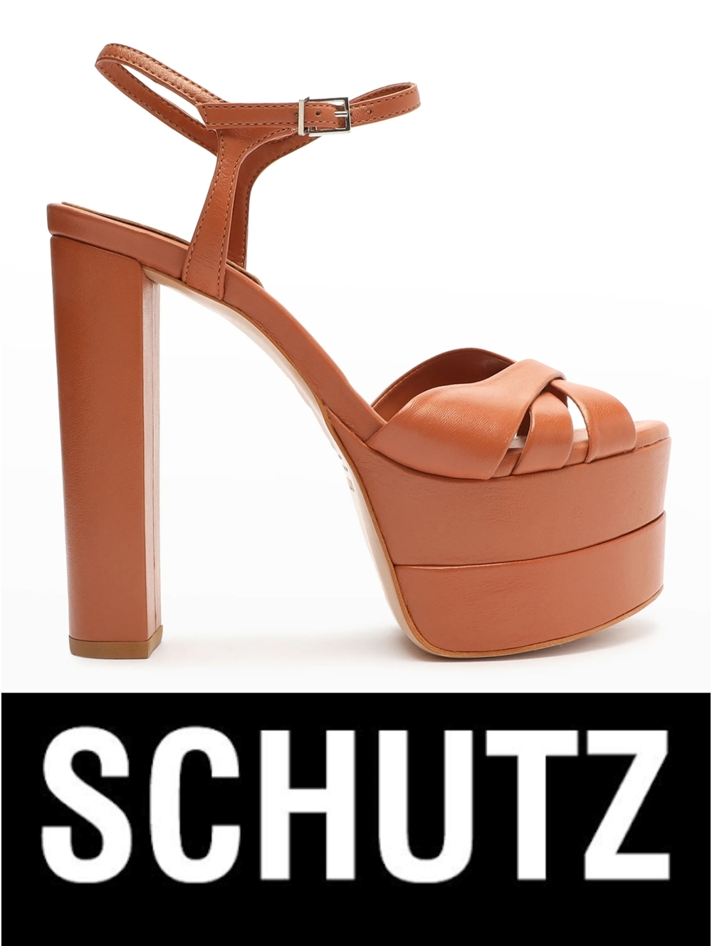 Make Offers - Schutz Keefa High Platform Sandals Caramel Tan Nappa Leather Sz 11